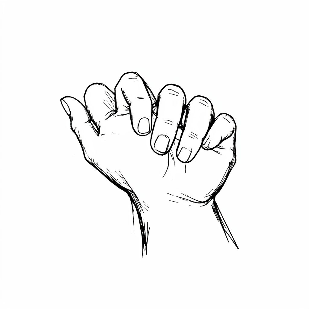 Hand-drawn ink illustration of two hands gently cradling a few strands of hair, rendered in soft sepia and muted teal lines on a warm cream background.