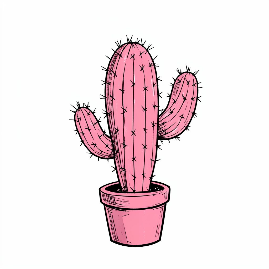 A hand-drawn ink illustration of a pale pink cactus in a simple pot, soft rounded lines suggesting smooth, gentle skin care, calm and minimal mood